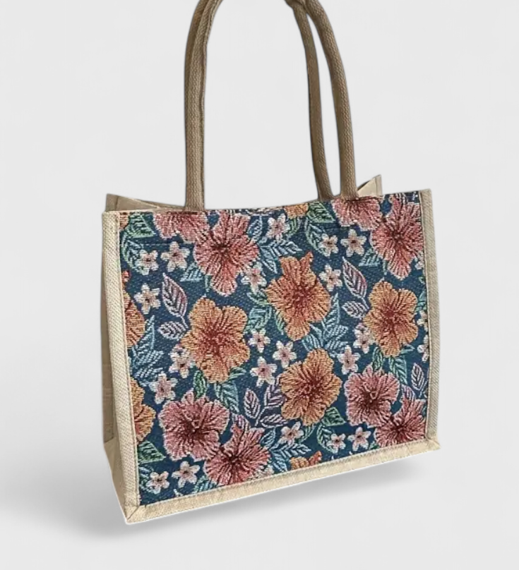Bolsa de Yute con Estampado Floral y Diseño Ecológico - Perfecta para un Estilo Natural y Responsable