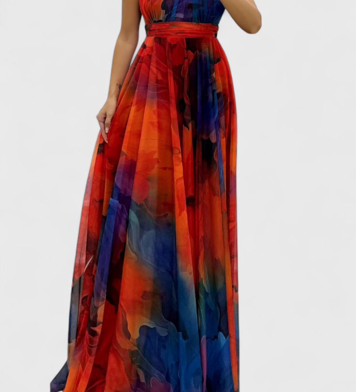 Caprice Vestido Maxi de Gasa con Encanto Floral y Cuello Halter para un Look Sofisticado