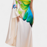 Vestido Largo Asimétrico de Una Sola Manga con Estampado Moderno y Estilo Único