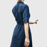 Vestido Midi Vintage Sharon en Algodón y Lino con Elegante Cuello de Solapa