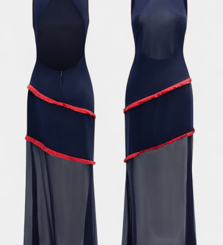 Orfila Vestido Midi Bodycon con Tela de Gasa y Detalles de Flecos a Contraste