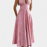 Elegante vestido midi Jacquard Gilda con espalda abierta y cintura alta