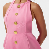 Yvonne Vestido Mini Halter con Escote en V, Espalda Abierta y Encantador Detalle Floral