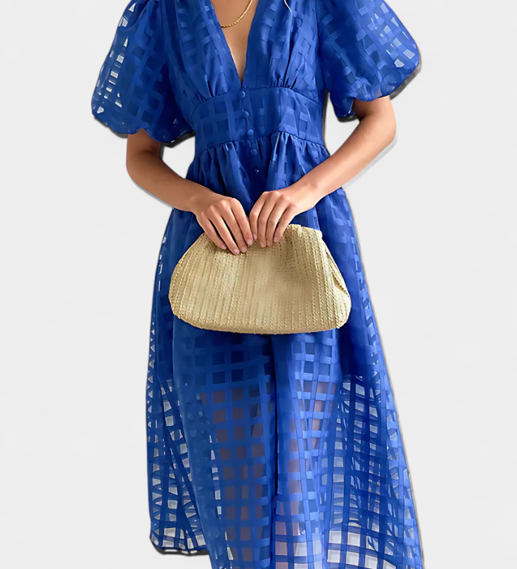 Vestido midi de manga abullonada con patrón de cuadros y detalle de caléndula