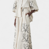 Helen Elegante Conjunto Floral con Pantalón Ancho y Manga Globo para un Estilo Confortable y Sofisticado