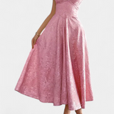 Elegante vestido midi Jacquard Gilda con espalda abierta y cintura alta