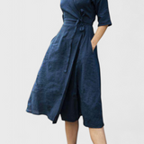 Vestido Midi Vintage Sharon en Algodón y Lino con Elegante Cuello de Solapa