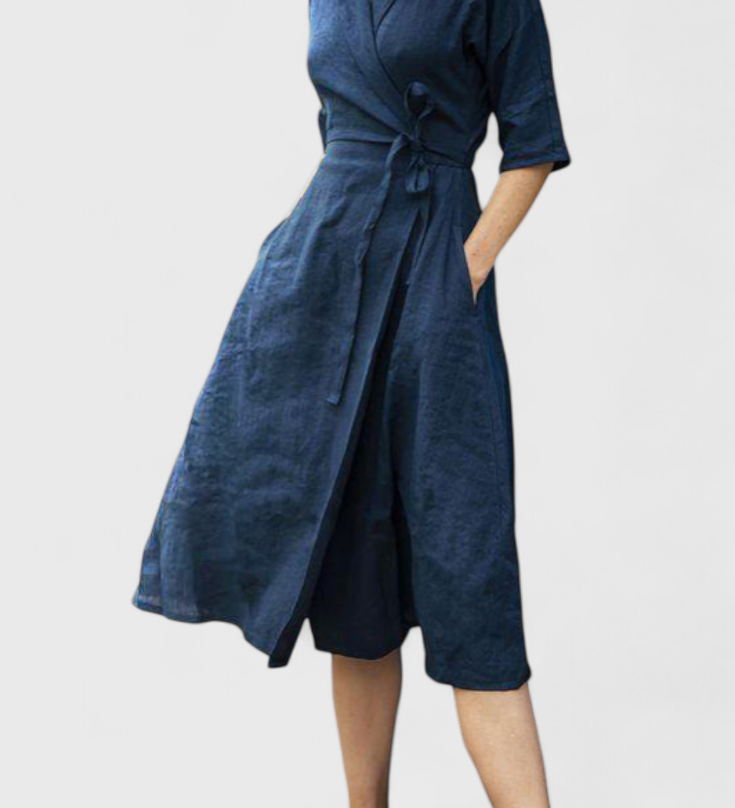 Vestido Midi Vintage Sharon en Algodón y Lino con Elegante Cuello de Solapa