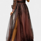 Becca Vestido Maxi de Chiffón con Diseño de Hombro Descubierto y Florerscentemente Voluminosa