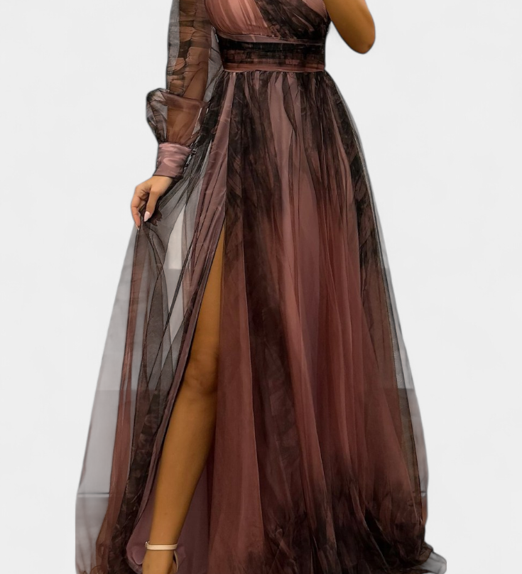 Becca Vestido Maxi de Chiffón con Diseño de Hombro Descubierto y Florerscentemente Voluminosa