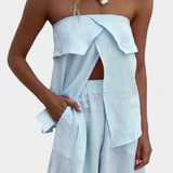 Conjunto Oriana sin Espalda con Falda Abotonada en Color Sólido para un Estilo Elegante