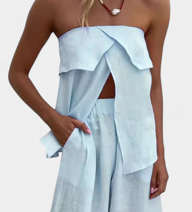 Conjunto Oriana sin Espalda con Falda Abotonada en Color Sólido para un Estilo Elegante