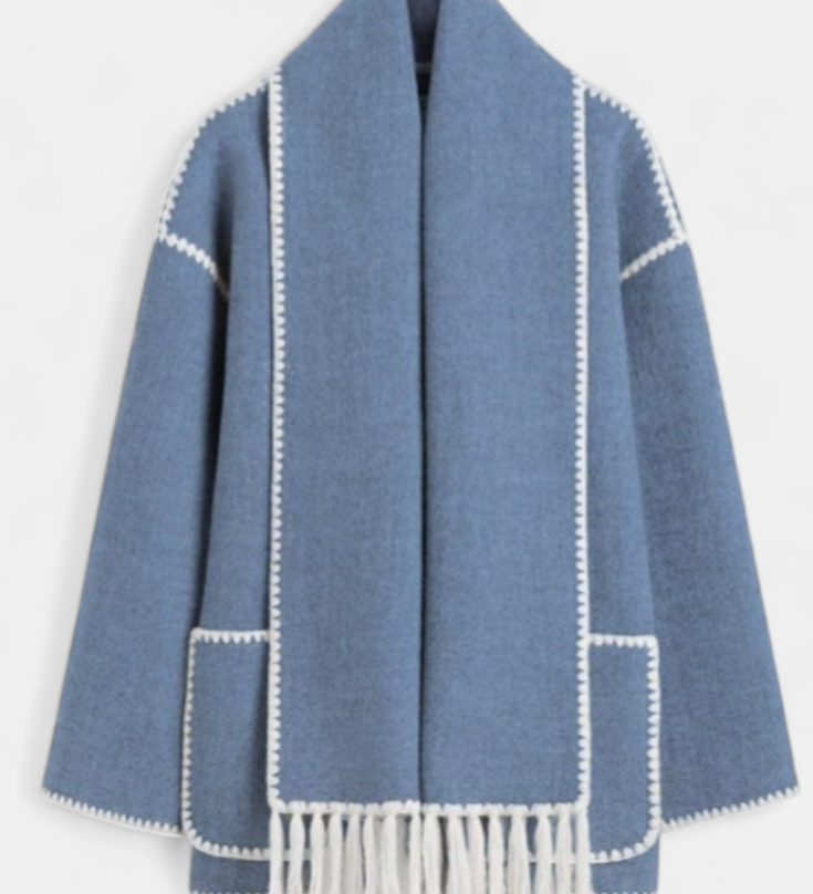 Pauline - Elegante abrigo de corte suelto con bufanda de flecos incorporada para un estilo sofisticado