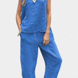 Elegante Conjunto de Chaleco y Pantalón Sin Mangas en Algodón y Lino para un Estilo Fresco y Confortable