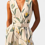 Vestido Largo de Vacaciones Slara Mono con Escote en V y Cinturón Ajustable