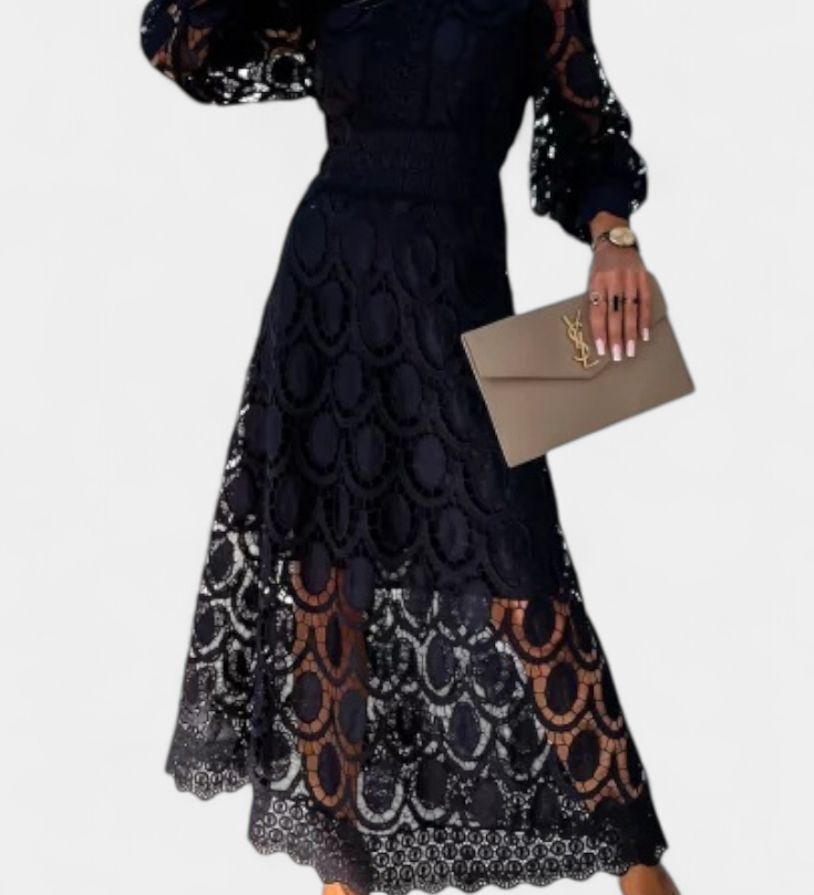 Elegante Vestido Midi de Encaje Lucinda con Mangas Farol y Cuello Alto para un look sofisticado