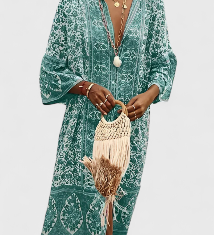 Vestido Largo Boho Chinara con Bordado Étnico y Estilo Relajado