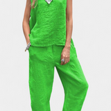 Elegante Conjunto de Chaleco y Pantalón Sin Mangas en Algodón y Lino para un Estilo Fresco y Confortable