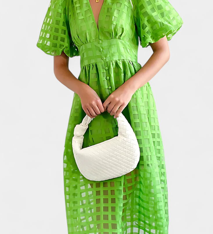 Vestido midi de manga abullonada con patrón de cuadros y detalle de caléndula