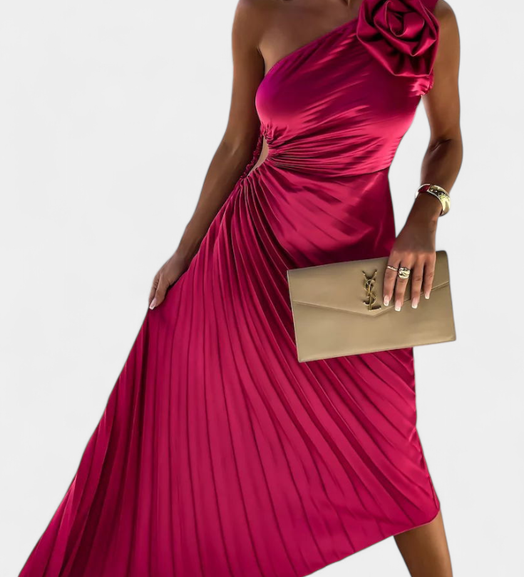 Elegante Leire Vestido de Cóctel Asimétrico con Aplique Floral y Falda Plisada para Destacar en Cada Ocasión
