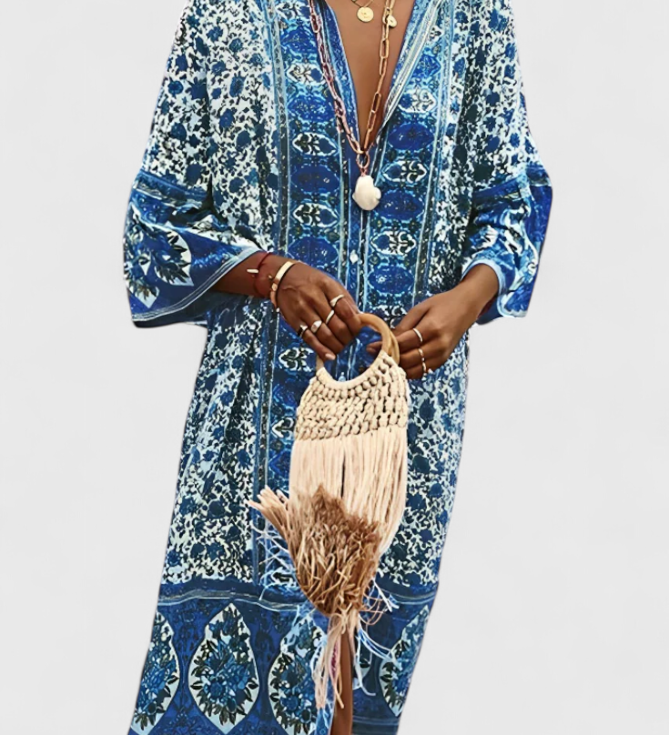 Vestido Largo Boho Chinara con Bordado Étnico y Estilo Relajado