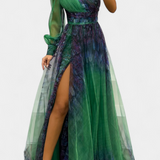 Becca Vestido Maxi de Chiffón con Diseño de Hombro Descubierto y Florerscentemente Voluminosa