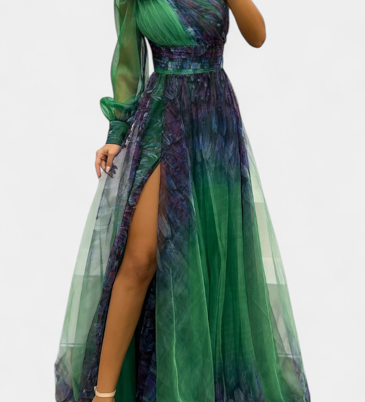 Becca Vestido Maxi de Chiffón con Diseño de Hombro Descubierto y Florerscentemente Voluminosa