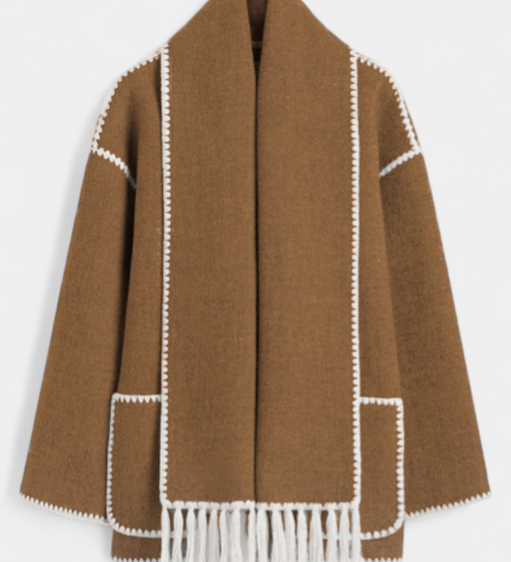 Pauline - Elegante abrigo de corte suelto con bufanda de flecos incorporada para un estilo sofisticado