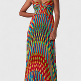 Vestido Maxi Janis con Estampado Artístico y Elegante Escote Halter Sweetheart