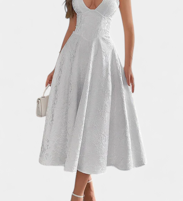 Elegante vestido midi Jacquard Gilda con espalda abierta y cintura alta