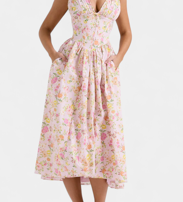 Vestido Midi Margie de Escote en V y Estampado Floral Romántico para un Look Elegante y Encantador