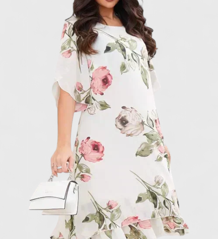 Elegante vestido de gasa fluida Tameka con detalles de pétalos y mangas transparentes