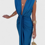 Elegante Vestido Midi Lakisha con Fruncido y Escote Profundo