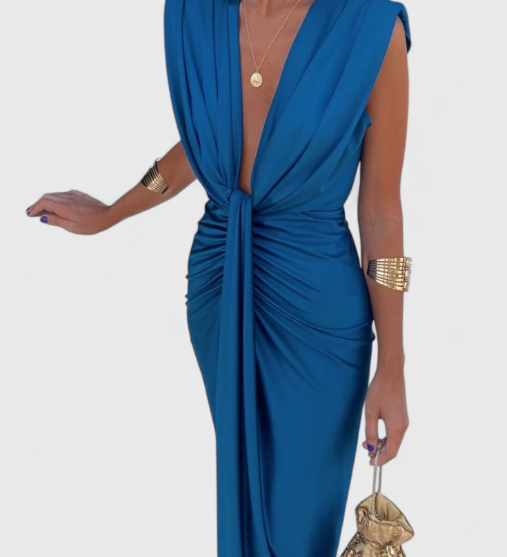Elegante Vestido Midi Lakisha con Fruncido y Escote Profundo