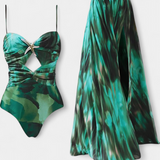 Ahria Conjunto de Baño con Falda Acampanada y Estampado de Estrella de Mar para un Look Playero Sorprendente