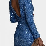 Elegante vestido largo de fiesta Adèle con espalda descubierta y brillante para ocasiones invernales