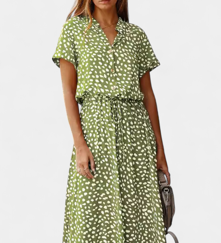 Rovena Vestido Midi de Lunares con Cuello Camisero y Cintura Ajustable - Elegancia y Comodidad para Cualquier Ocasión