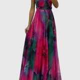 Caprice Vestido Maxi de Gasa con Encanto Floral y Cuello Halter para un Look Sofisticado