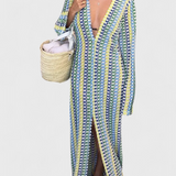 Crisanta Vestido Largo Estampado con Ondas Multicolores y Manga Larga - Elegancia y Estilo en Cada Paso