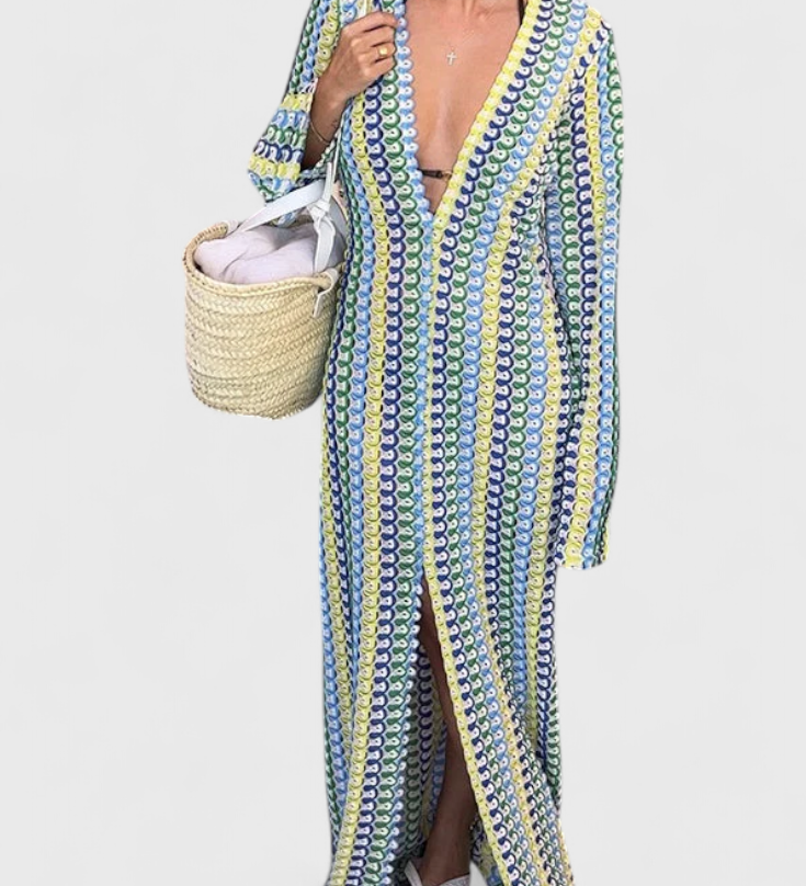 Crisanta Vestido Largo Estampado con Ondas Multicolores y Manga Larga - Elegancia y Estilo en Cada Paso