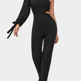 Elegante vestido mono asimétrico Sahar con corte en el bícleo, manga larga y detalle anudado