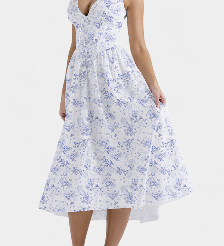 Vestido Midi Margie de Escote en V y Estampado Floral Romántico para un Look Elegante y Encantador