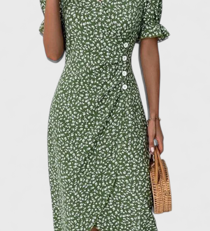 Joana Vestido Midi Floral con Encanto en Escote en V y Mangas Cortas para un Look Elegante y Cómodo