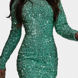 Elegante vestido largo de fiesta Adèle con espalda descubierta y brillante para ocasiones invernales