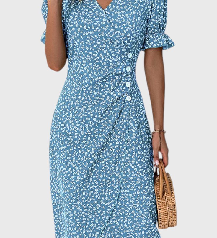 Joana Vestido Midi Floral con Encanto en Escote en V y Mangas Cortas para un Look Elegante y Cómodo