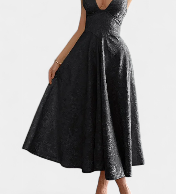 Elegante vestido midi Jacquard Gilda con espalda abierta y cintura alta