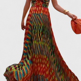 Vestido Maxi Janis con Estampado Artístico y Elegante Escote Halter Sweetheart
