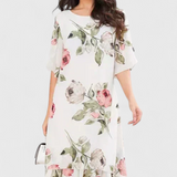 Elegante vestido de gasa fluida Tameka con detalles de pétalos y mangas transparentes