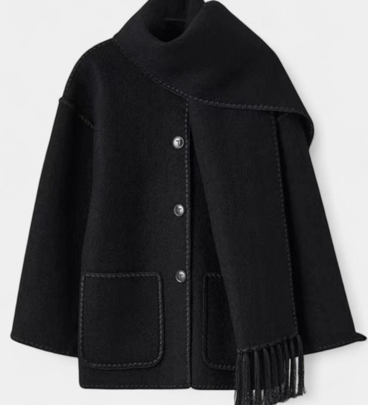 Pauline - Elegante abrigo de corte suelto con bufanda de flecos incorporada para un estilo sofisticado