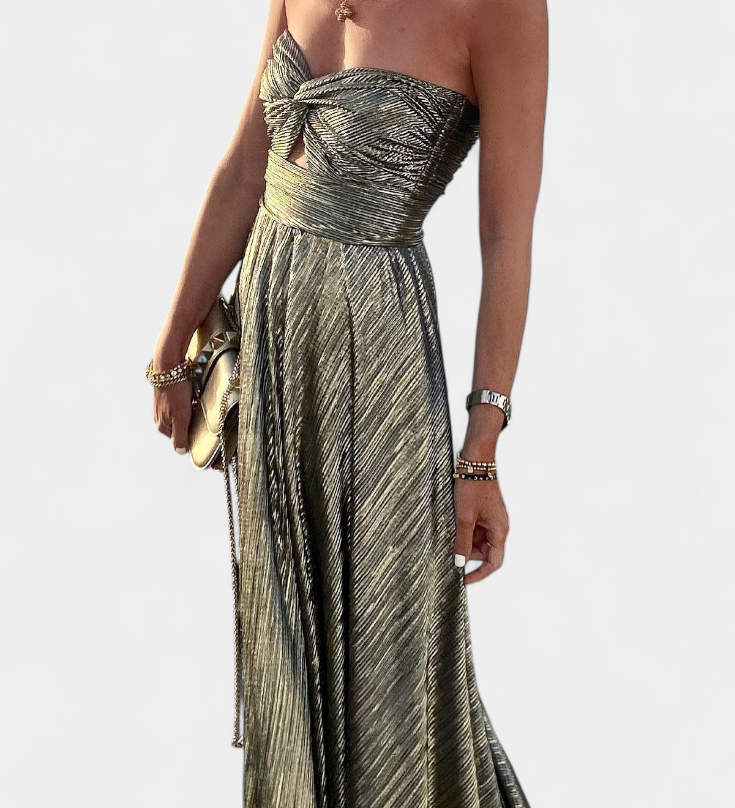 Vestido Largo Sin Tirantes en Tejido Metalizado de Onelia